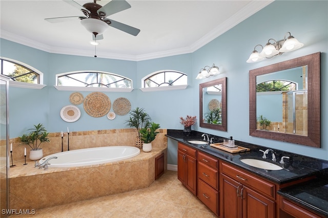 bathroom featuring tile patterned flooring, ornamental molding, vanity, ceiling fan, and shower with separate bathtub