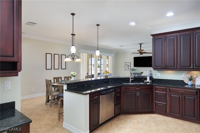 kitchen featuring ceiling fan with notable chandelier, dishwasher, kitchen peninsula, sink, and hanging light fixtures