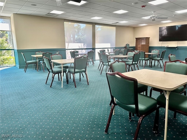 dining area featuring ceiling fan, a paneled ceiling, and carpet