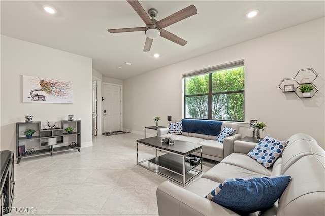 living room with ceiling fan