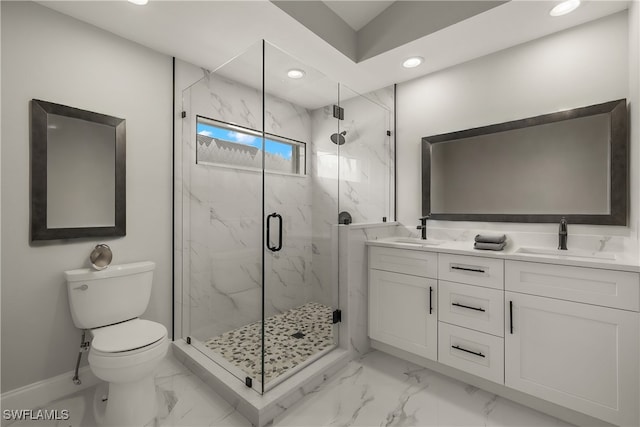 bathroom featuring an enclosed shower, lofted ceiling, toilet, and vanity