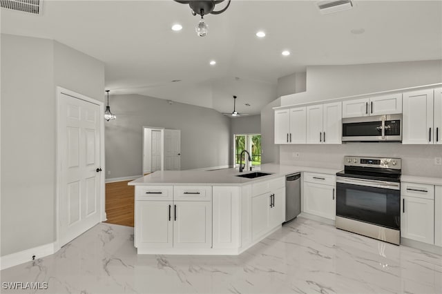 kitchen with kitchen peninsula, sink, stainless steel appliances, lofted ceiling, and ceiling fan