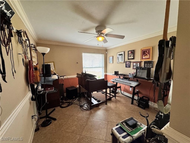 office area featuring crown molding, tile patterned flooring, and ceiling fan