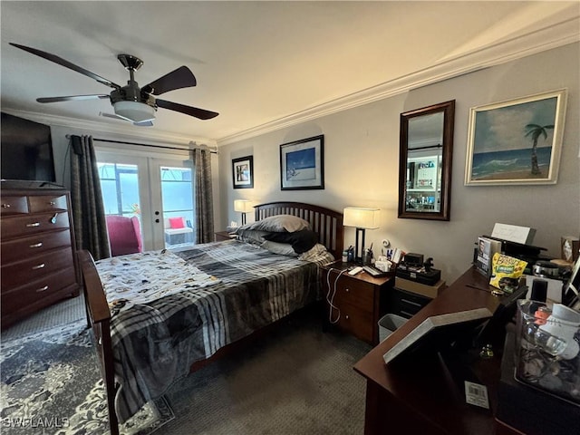 bedroom with dark carpet, ceiling fan, french doors, access to exterior, and ornamental molding