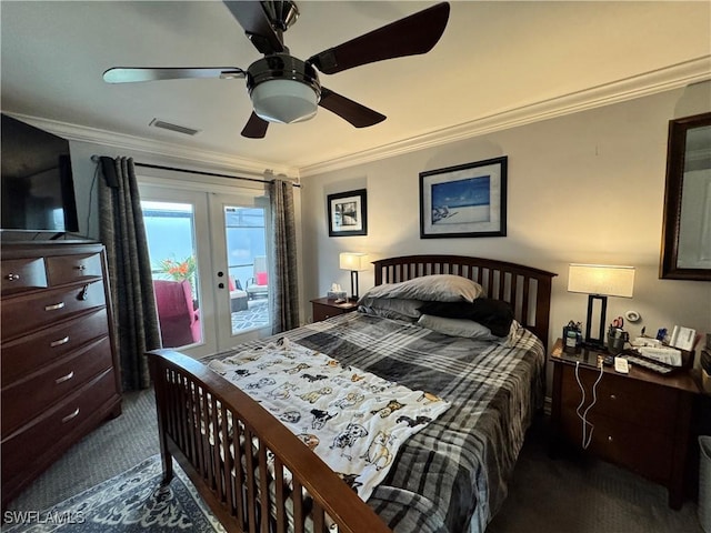 bedroom with ornamental molding, ceiling fan, french doors, and access to exterior