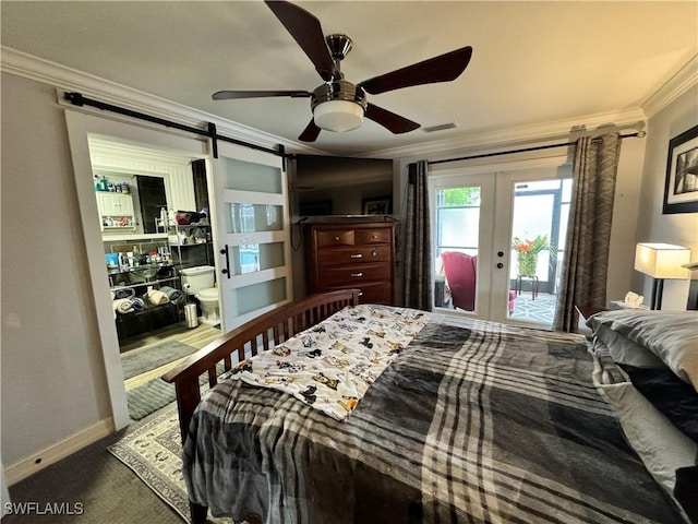 bedroom with ceiling fan, french doors, ornamental molding, and access to outside