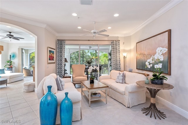 living room with crown molding, light tile patterned floors, and ceiling fan