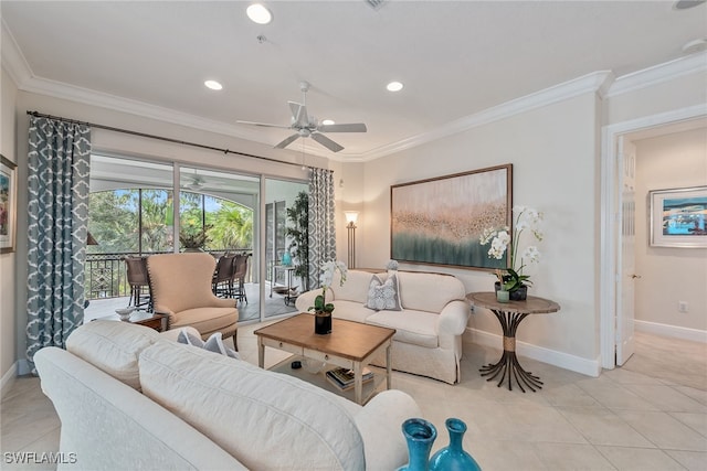 tiled living room with ceiling fan and crown molding