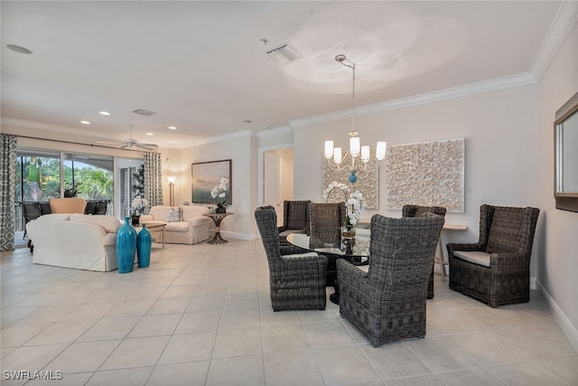 dining area featuring light tile patterned floors, crown molding, and a chandelier