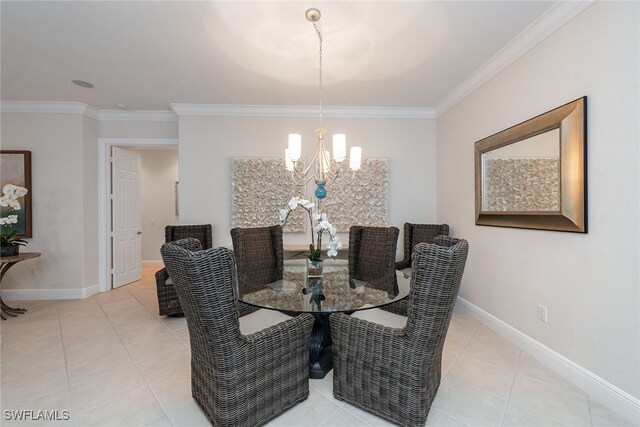 tiled dining space featuring a chandelier and crown molding