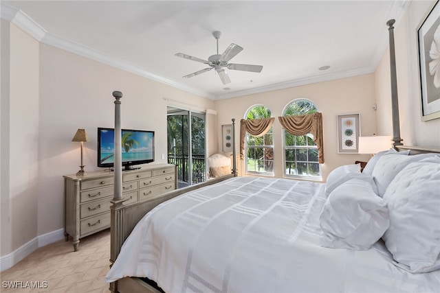 carpeted bedroom with access to outside, crown molding, and ceiling fan