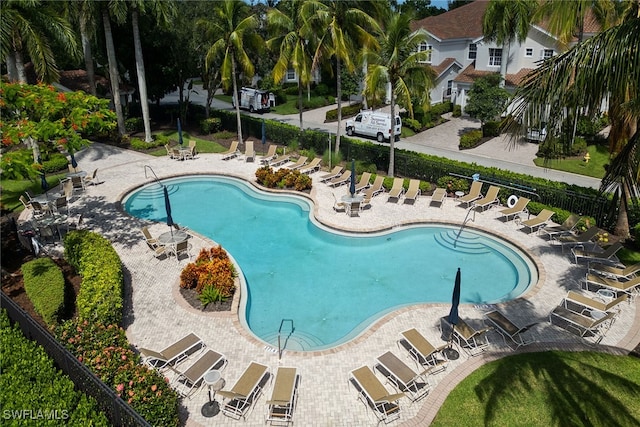 view of swimming pool featuring a patio