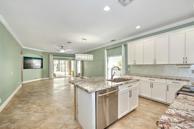 kitchen featuring stainless steel dishwasher, ceiling fan, sink, and white cabinetry