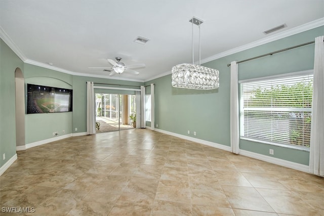 tiled empty room with crown molding and ceiling fan