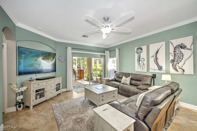 living room featuring ornamental molding and ceiling fan