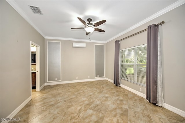 unfurnished room featuring ornamental molding, a wall mounted air conditioner, and ceiling fan