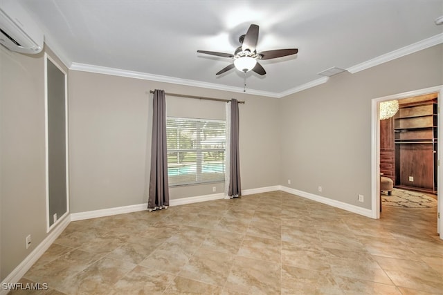 empty room with ornamental molding, an AC wall unit, and ceiling fan