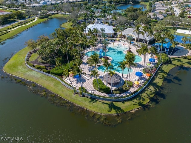 drone / aerial view with a water view