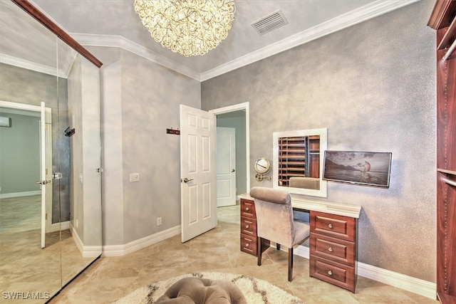 office space featuring crown molding and an inviting chandelier