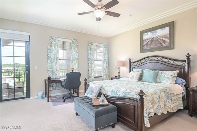 bedroom featuring crown molding, access to exterior, ceiling fan, and light carpet