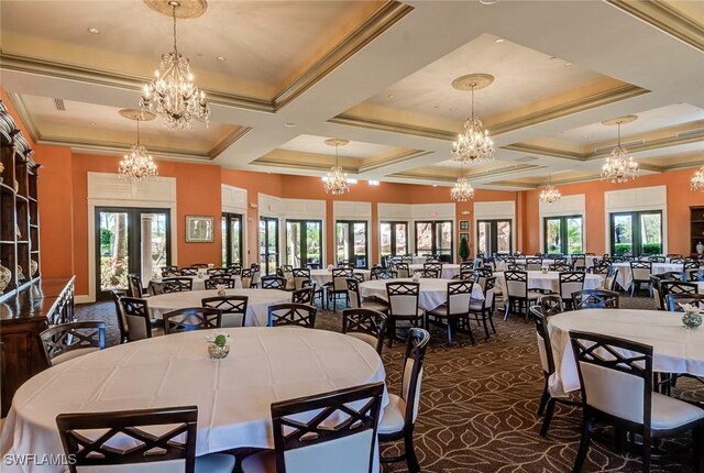 dining area with dark carpet, coffered ceiling, french doors, crown molding, and a chandelier