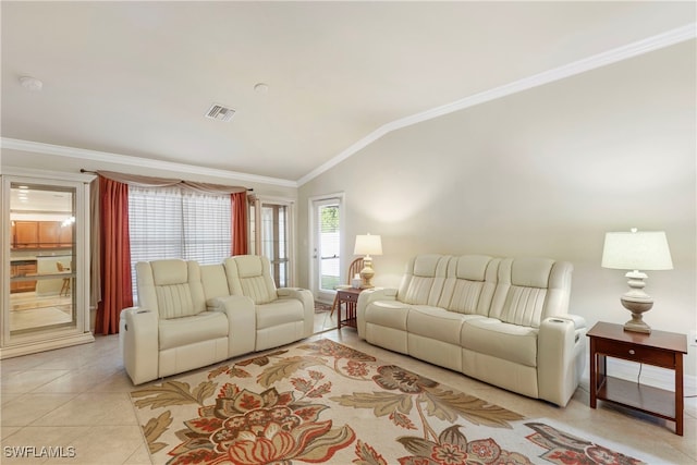 tiled living room featuring crown molding and vaulted ceiling