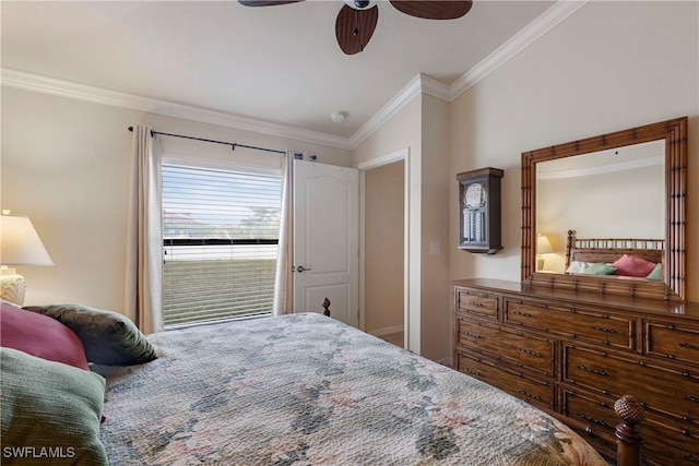 bedroom featuring ceiling fan, lofted ceiling, and ornamental molding