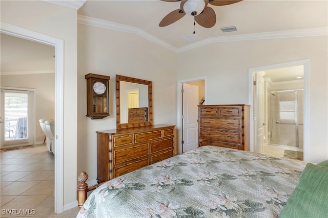 tiled bedroom featuring ensuite bathroom, vaulted ceiling, ceiling fan, and ornamental molding