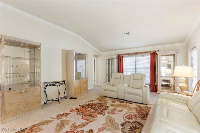 tiled living room with crown molding and lofted ceiling