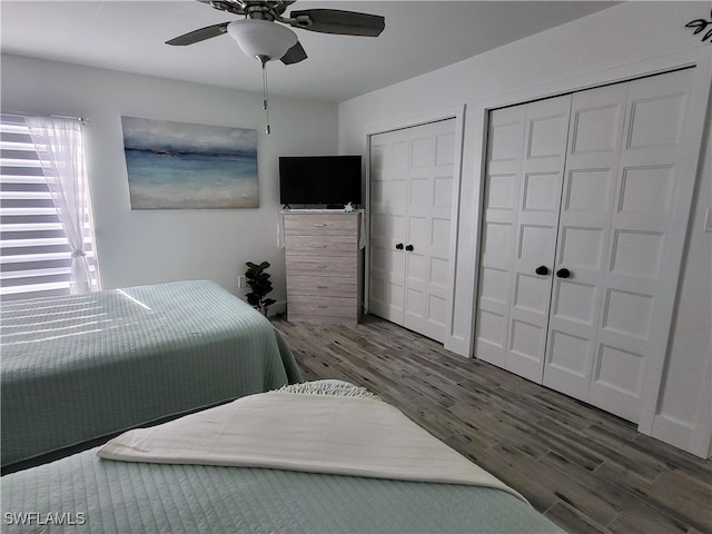 bedroom with dark hardwood / wood-style floors, ceiling fan, and multiple closets