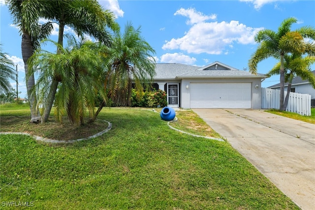 ranch-style home with a garage and a front lawn