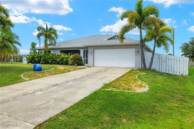 single story home with a garage and a front lawn