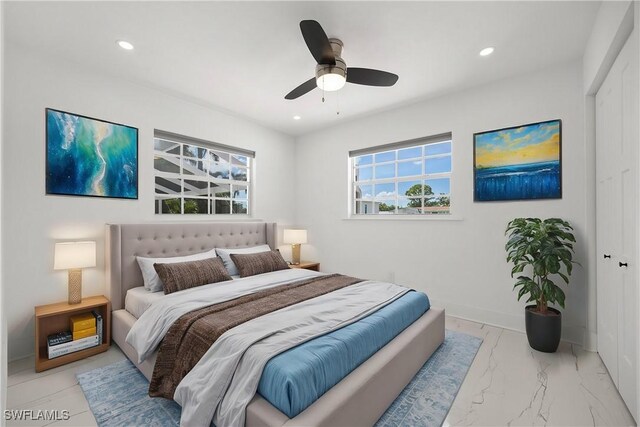 4930 Edith Esplanade, Cape Coral, FL 33904 - bedroom featuring recessed lighting, a ceiling fan, baseboards, and light marble finish floors