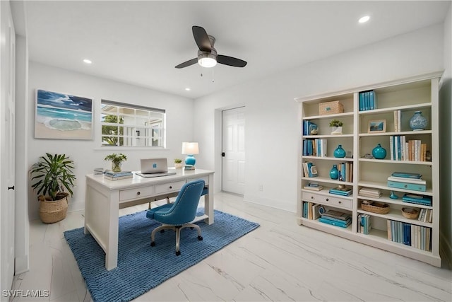 4930 Edith Esplanade, Cape Coral, FL 33904 - home office featuring a ceiling fan, marble finish flooring, recessed lighting, and baseboards