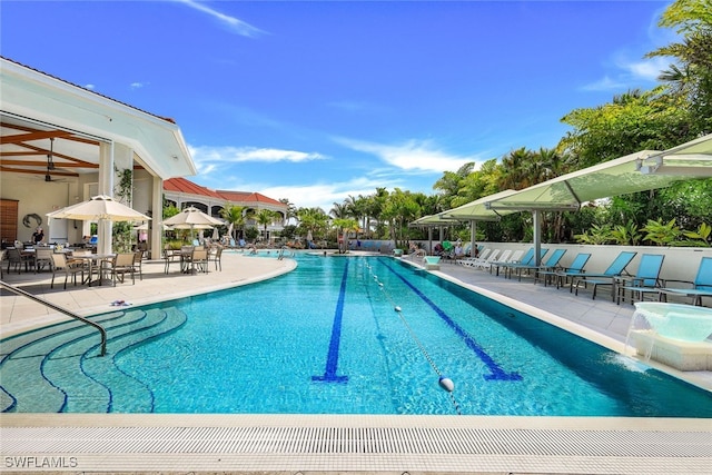 view of pool featuring pool water feature and a patio area