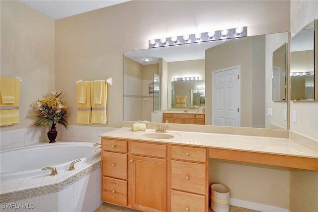 bathroom with vanity and plus walk in shower