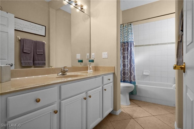 bathroom with toilet, tile patterned flooring, shower / bath combination with curtain, and vanity