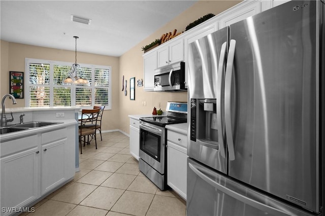 kitchen with stainless steel appliances, visible vents, white cabinetry, a sink, and light tile patterned flooring