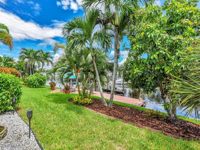 view of yard featuring a water view and a dock