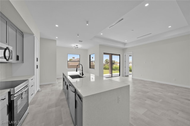 kitchen featuring light stone counters, stainless steel appliances, sink, a tray ceiling, and a kitchen island with sink