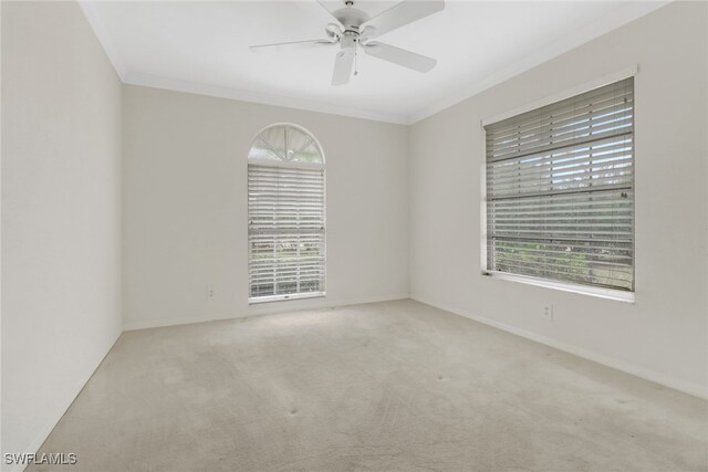 spare room featuring crown molding, light carpet, and ceiling fan