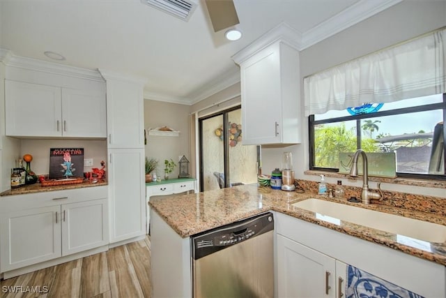 4803 SW Santa Barbara Ct Unit 2, Cape Coral, FL 33914 - kitchen with visible vents, white cabinetry, ornamental molding, a sink, and dishwasher