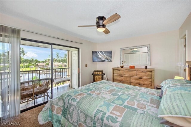 bedroom with ceiling fan and access to exterior