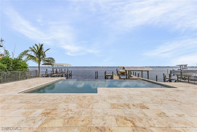 view of swimming pool featuring a boat dock and a water view