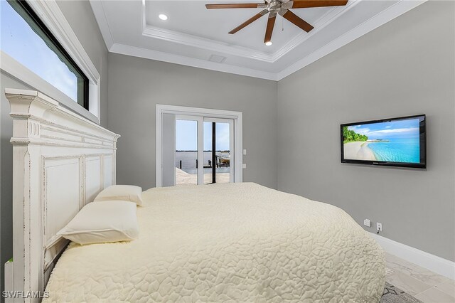 bedroom featuring access to exterior, multiple windows, crown molding, and ceiling fan