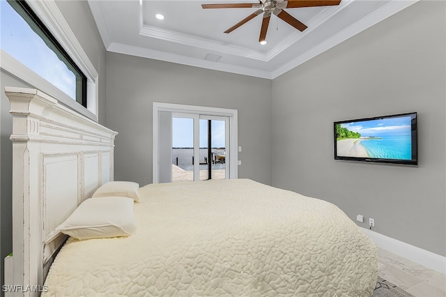 bedroom with marble finish floor, baseboards, multiple windows, and ornamental molding