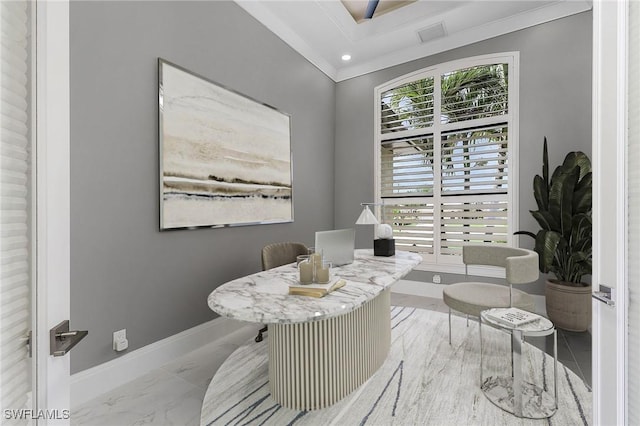 sitting room featuring marble finish floor, ornamental molding, visible vents, and baseboards