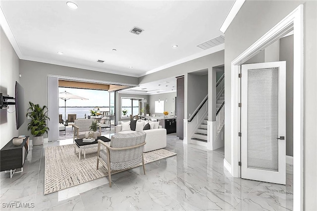 living room featuring marble finish floor, stairs, visible vents, and ornamental molding