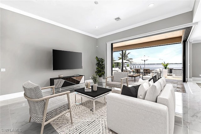 living area featuring ornamental molding, marble finish floor, visible vents, and baseboards