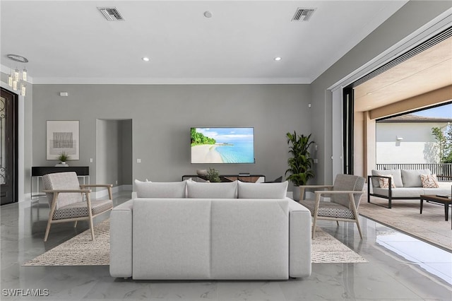 living room with marble finish floor, recessed lighting, visible vents, and ornamental molding